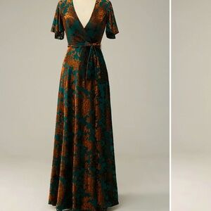 Zapaka Burnout Dark Green Floor Length Dress